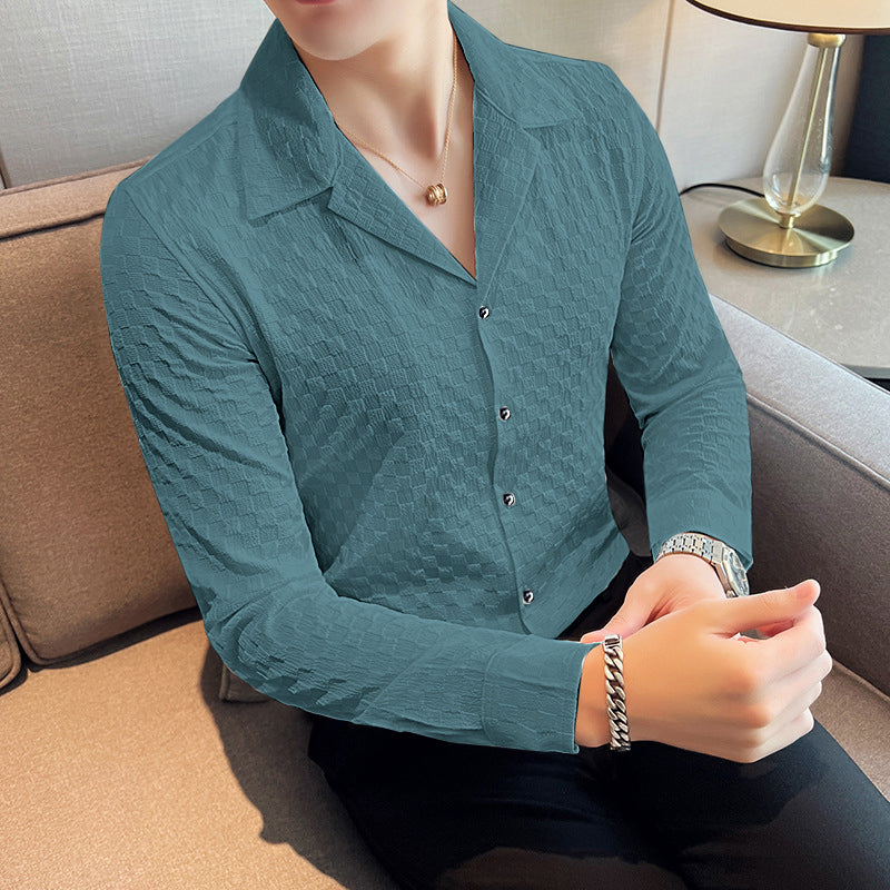 TEAL EMBOSSED CHECKED TEXTURE SHIRT